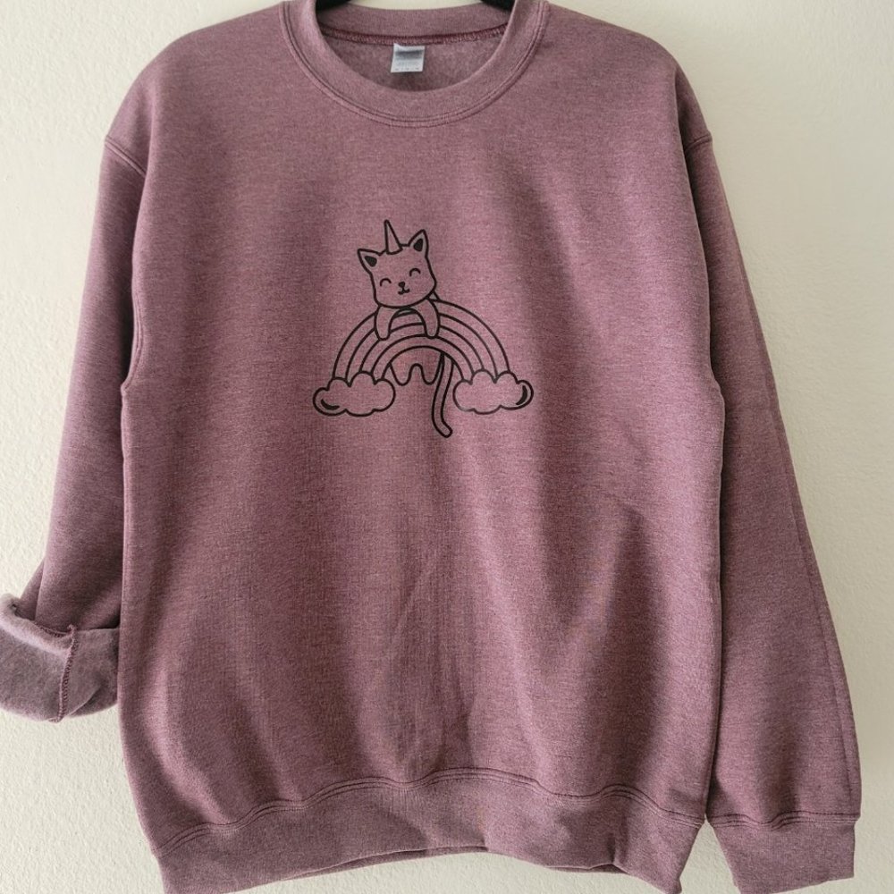 Medium] Heather Burgundy Unicorn Cat Print Fleece Sweatshirt